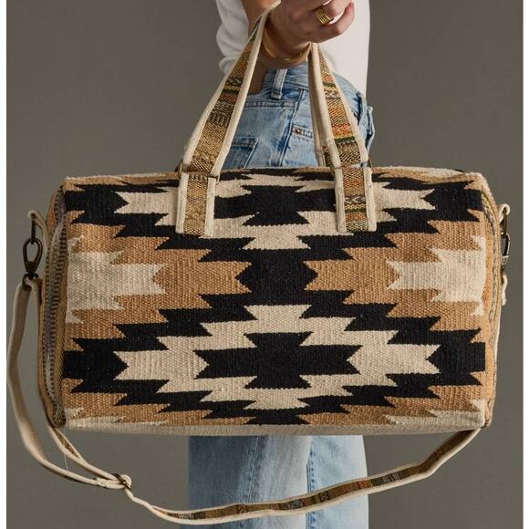 Western Aztec Cotton Duffel Travel Bag Cream Black Tan - Picture 1 of 4